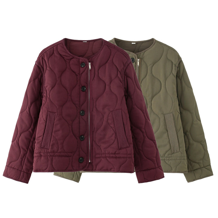 Dam Quiltad Jacka med Round Quiltad Mönster, Round Neck och Two-Way Dragkedja
