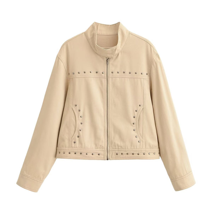 Dam Kort Jacka Tillverkad av Faux Läder med Studded Details och Stå Krage