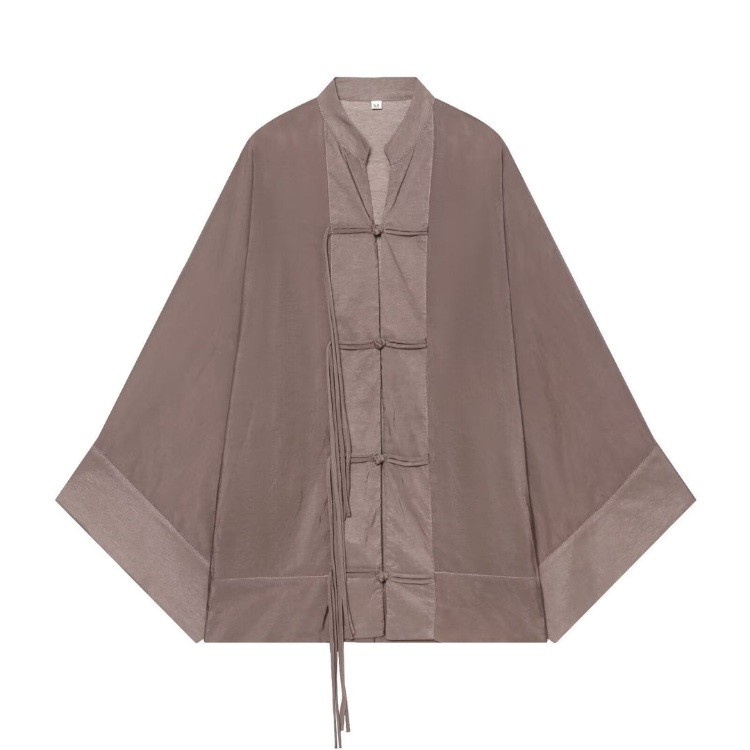 Dam Oversize Kimono Jacka med Dekorativ Knot Closures och Flowing Satin Look