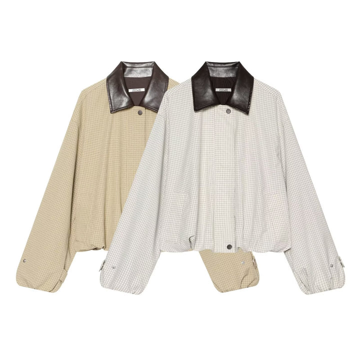 Dam Kort Skärning Checked Blouson med Contrasting Läder Krage