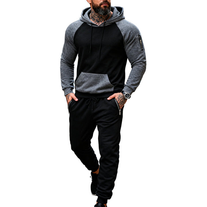 Herr Two-Piece med Huva Sweat Set med Raglanärmar, Ärm Dragkedja Ficka, och Tapered Jogging Byxor