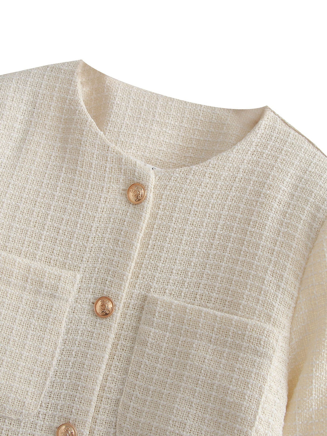 Dam Bouclé-Tweed blazer jacka med rund hals och påsydda fickor