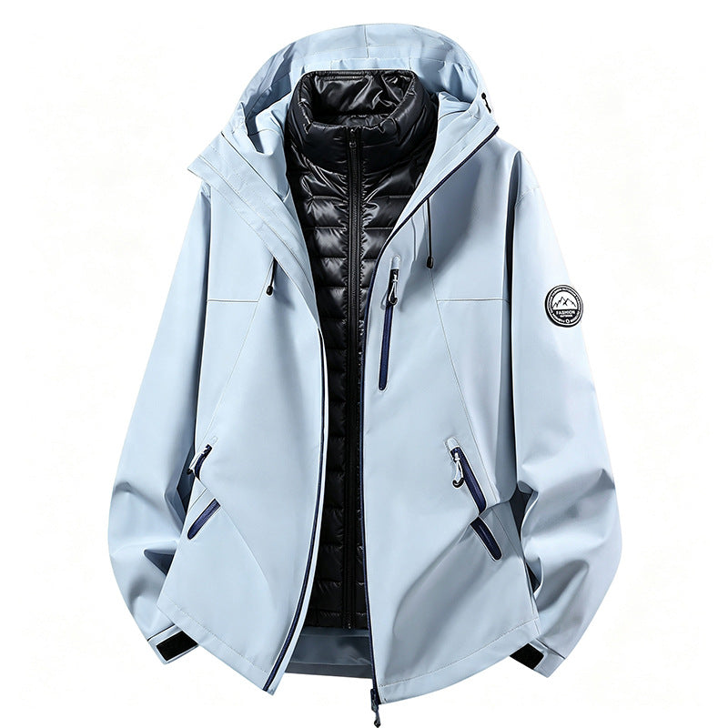 Unisex non-vattentät three-piece softshell jacka med detachable quiltad inner jacka och huva