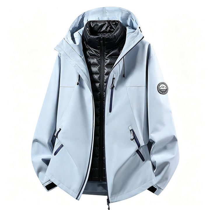 Unisex non-vattentät three-piece softshell jacka med detachable quiltad inner jacka och huva
