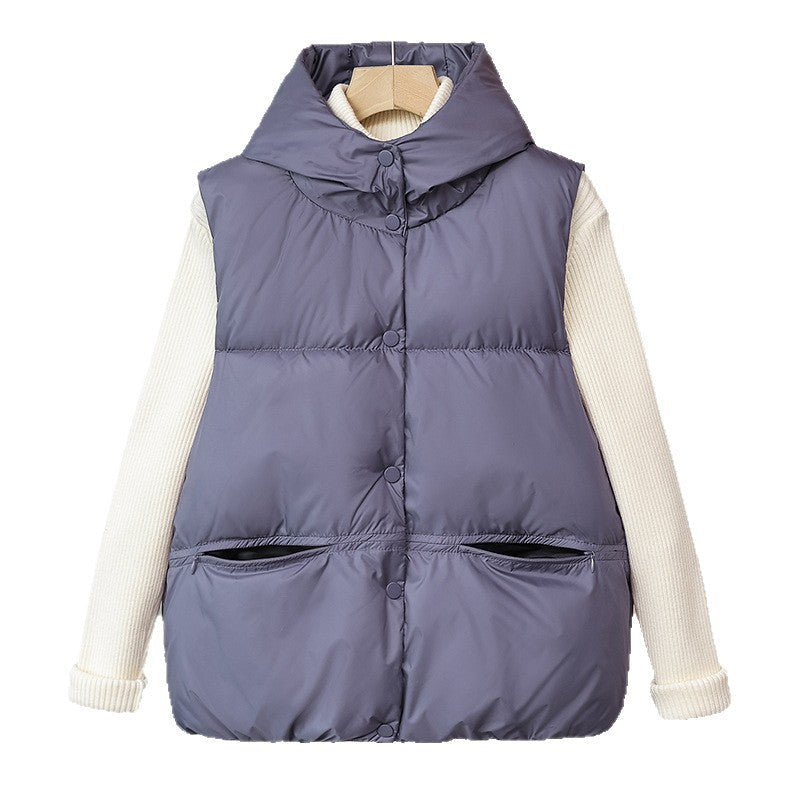 Dam non-vadderad sleeveless thermal väst med voluminous ståkrage, concealed snap knäppning och side dragkedja fickor