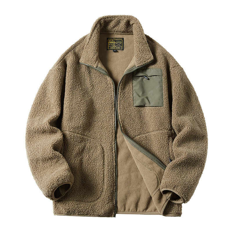 Herr Sherpa Fleece Jacka i Utility Stil med Dragkedja Bröstficka och Stående Krage