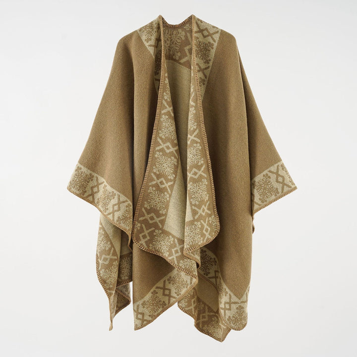 Dam oversized poncho cape tillverkad av ullblandning med woven border jacquard och decorative chain stitch