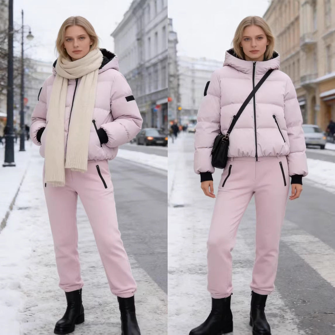Dam Kort Vadderad Bomber-Stil Jacka med Huva med Elastic Fåll och Zippered Fickor