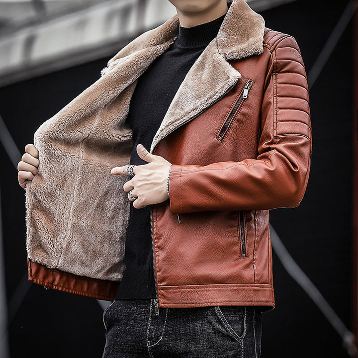 Herr Konstläder Biker Jacka med Teddy Fur Foder och Quiltad Ärm Detalj