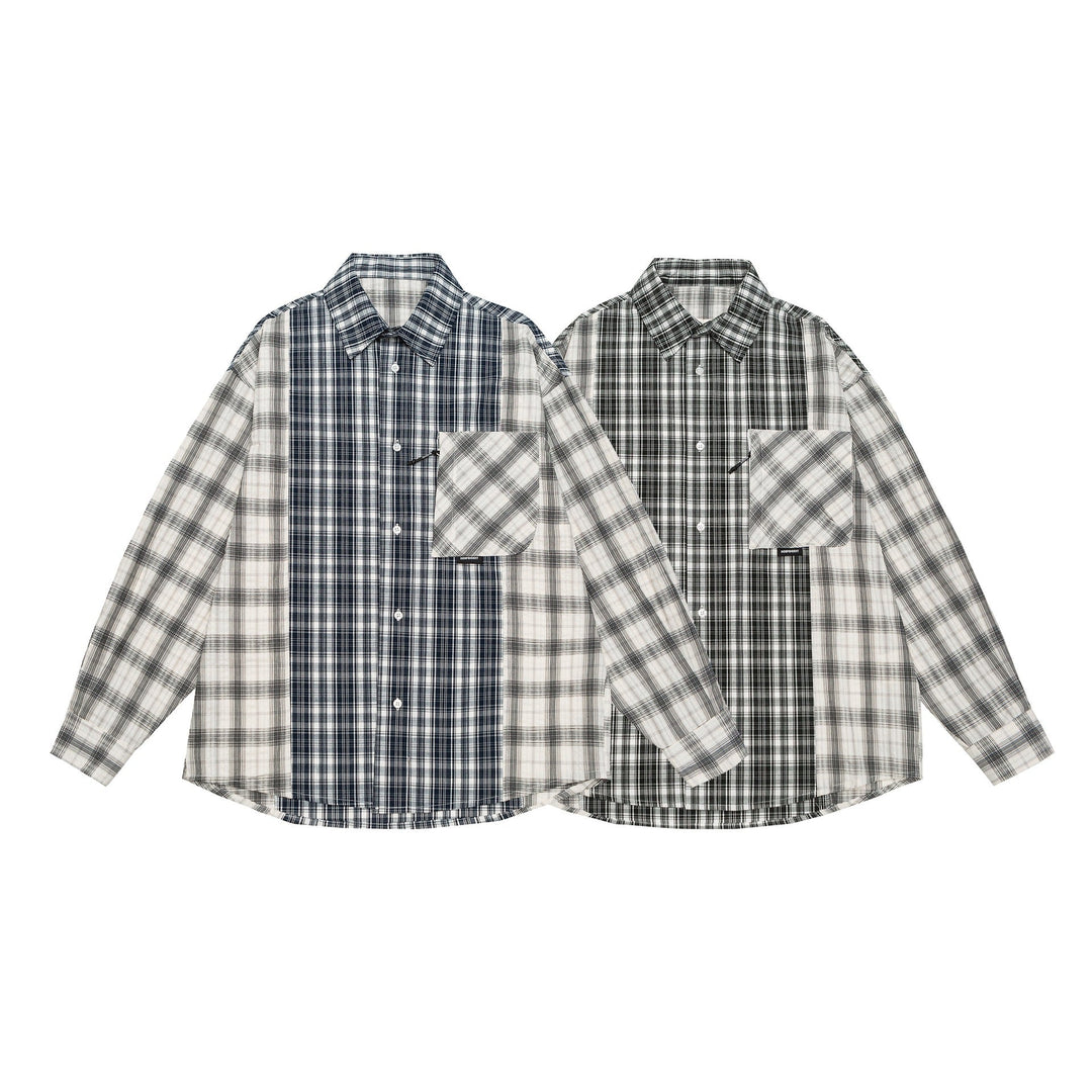 Unisex Oversized Skjorta Jacka med Patchwork Rutigt Mönster och Rounded Fåll