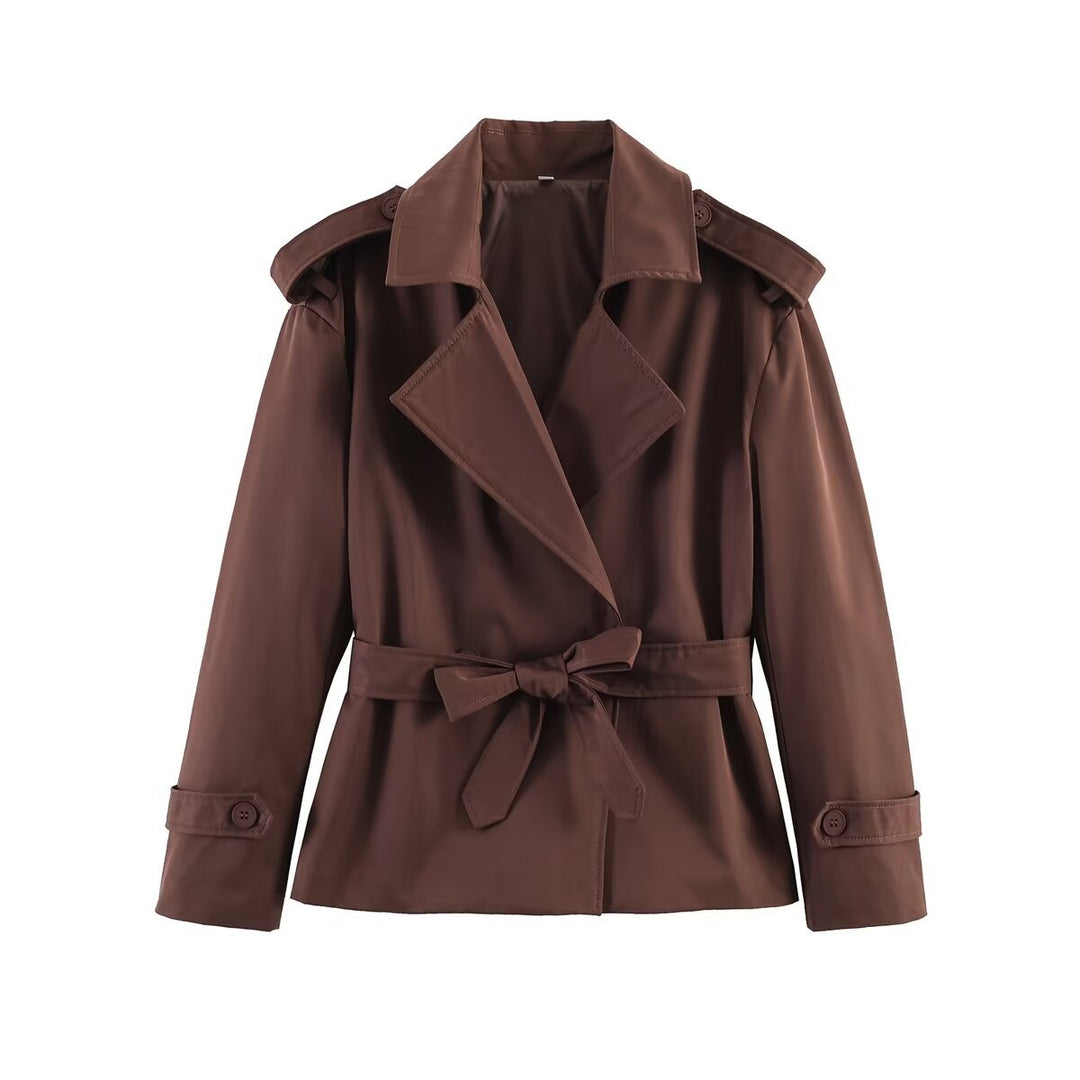 Dam Kort Trenchcoat med Waist Belt, Double-Breasted Front och Shoulder Flaps