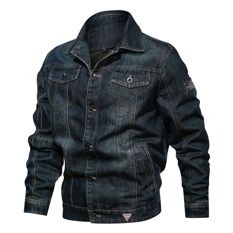Herr Robust Denim Trucker Jacka i Vintage Tvättad Look med Kontrast Stitching