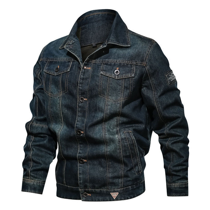 Herr Robust Denim Trucker Jacka i Vintage Tvättad Look med Kontrast Stitching