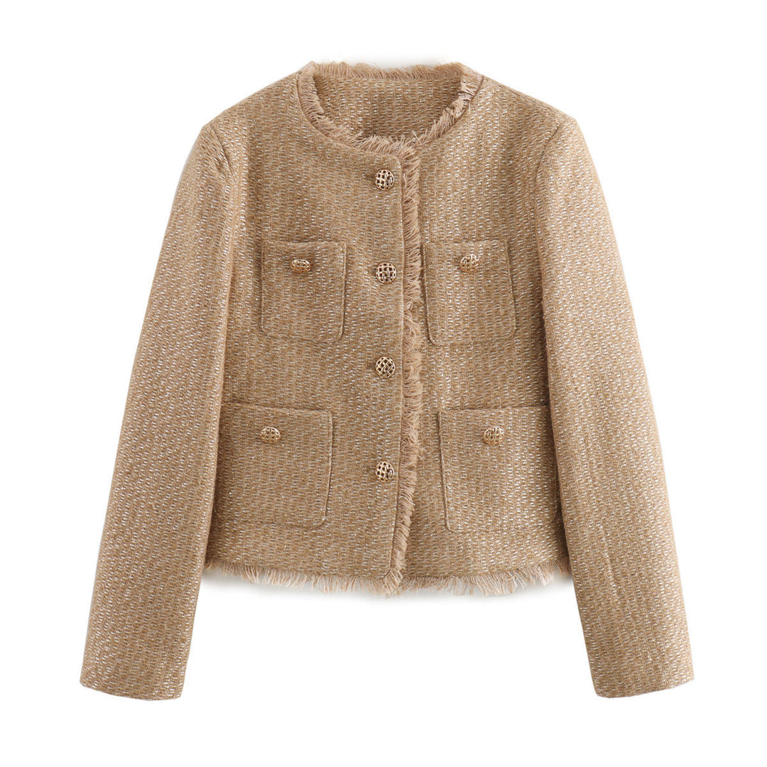 Dam kastiger Boucle blazer jacka med decorative braided knappar, påsydda fickor, och fringed fåll edge