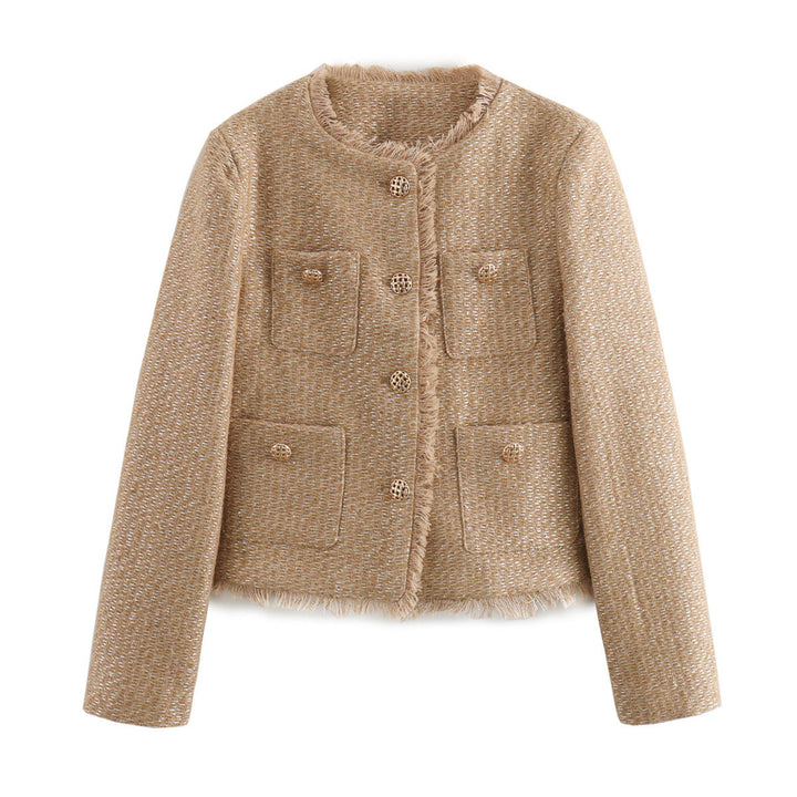 Dam kastiger Boucle blazer jacka med decorative braided knappar, påsydda fickor, och fringed fåll edge