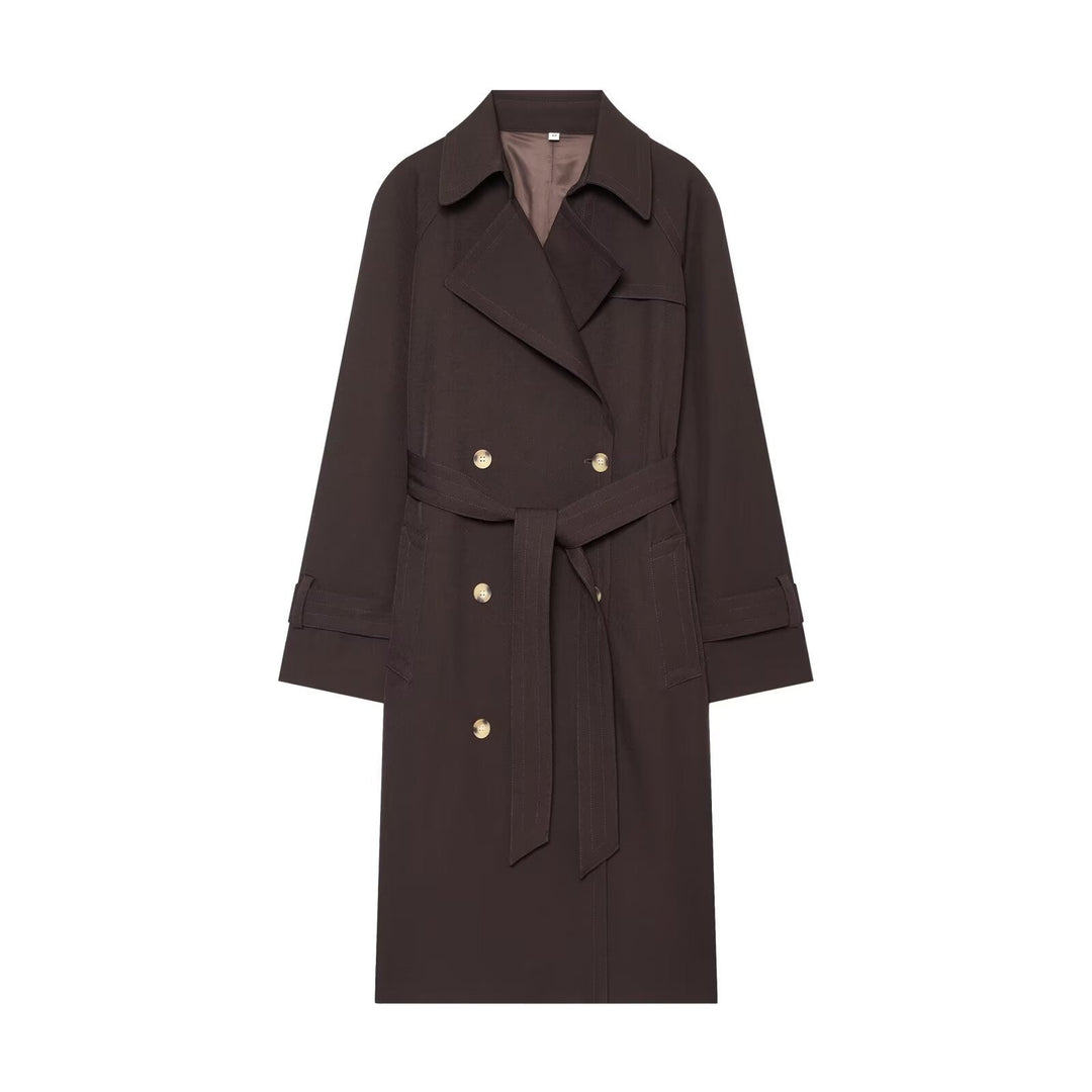 Dam lång double-breasted trenchcoat med knytband och raglan ärmar