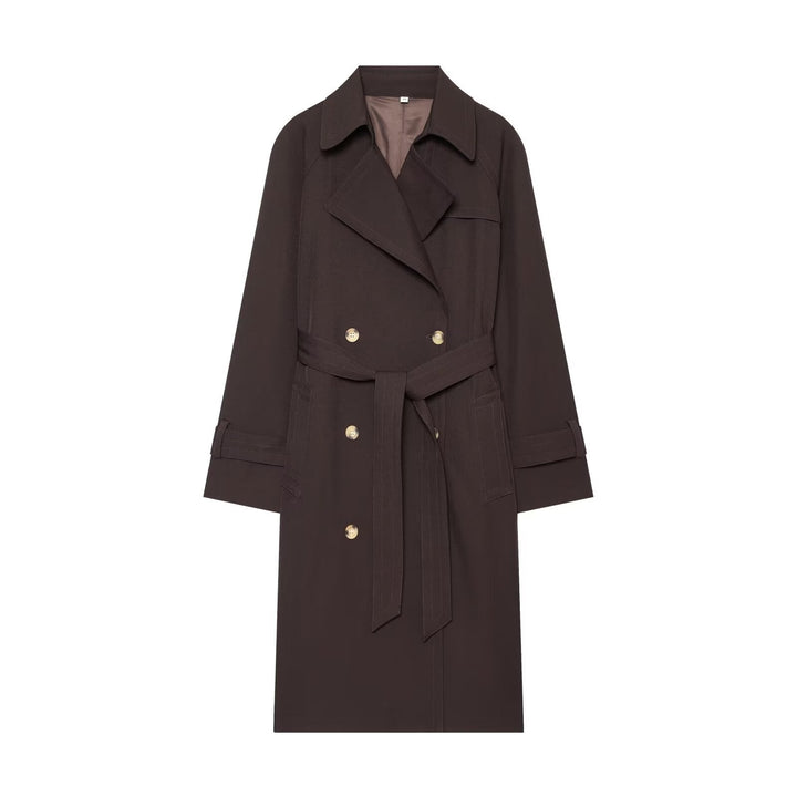 Dam lång double-breasted trenchcoat med knytband och raglan ärmar