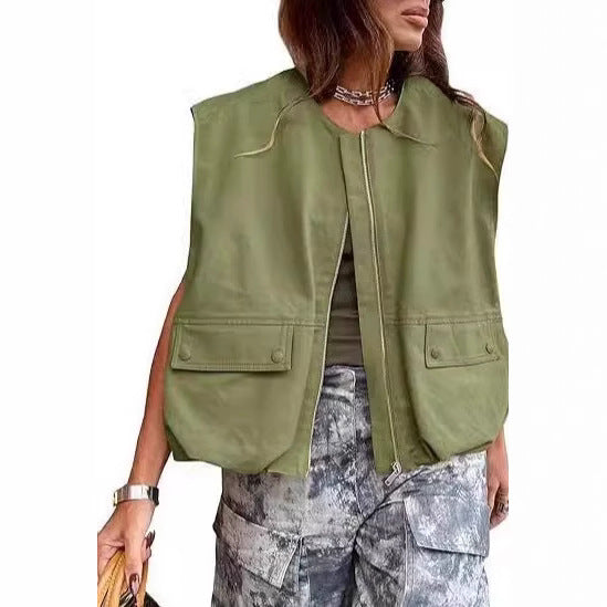 Dam ärmlös utilitarian väst med dragkedja och flap fickor
