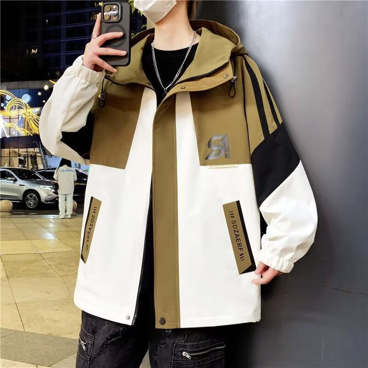 Herr Colourblock Utility Utomhus Jacka med Huva, Kontrast Ränder och Dold Dragkedja