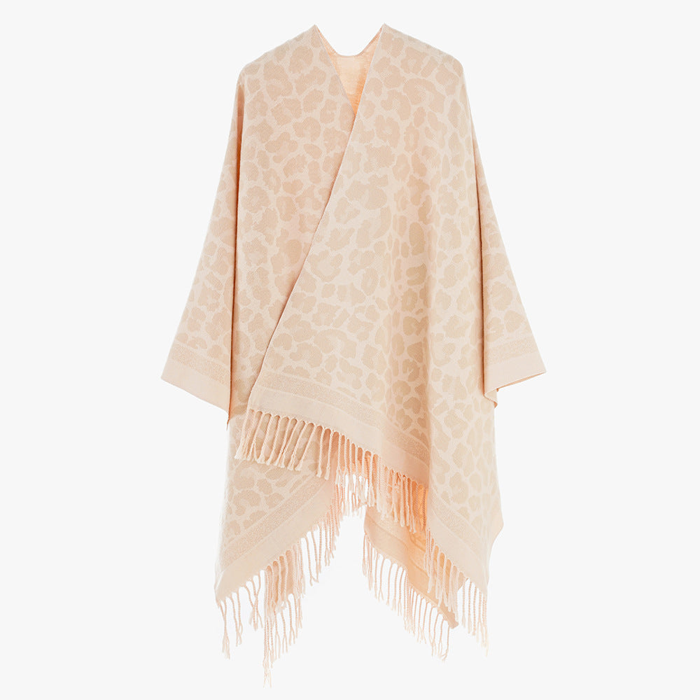 Dam Jacquard poncho med Leopard mönster, Fringes och Open oversized skärning