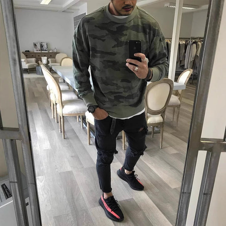 Herr Oversized Kamouflage College-Tröja med Crew Neck och Ribbstickade Muddar