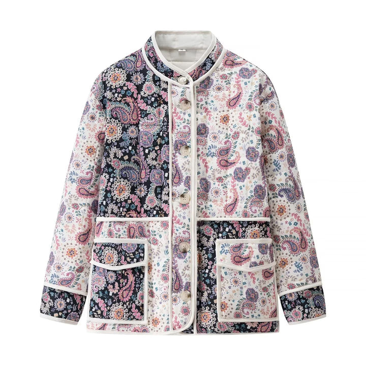 Dam quiltad patchwork quiltad jacka i paisley tryck med kontrast piping och stor flap fickor