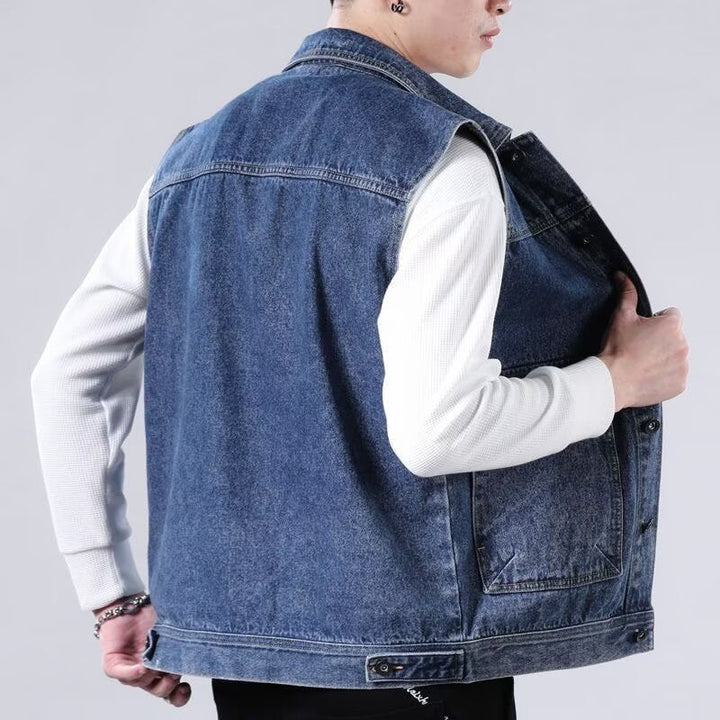 Herr Sleeveless Jeans Work Väst med Lock Fickor och Boxy Passform