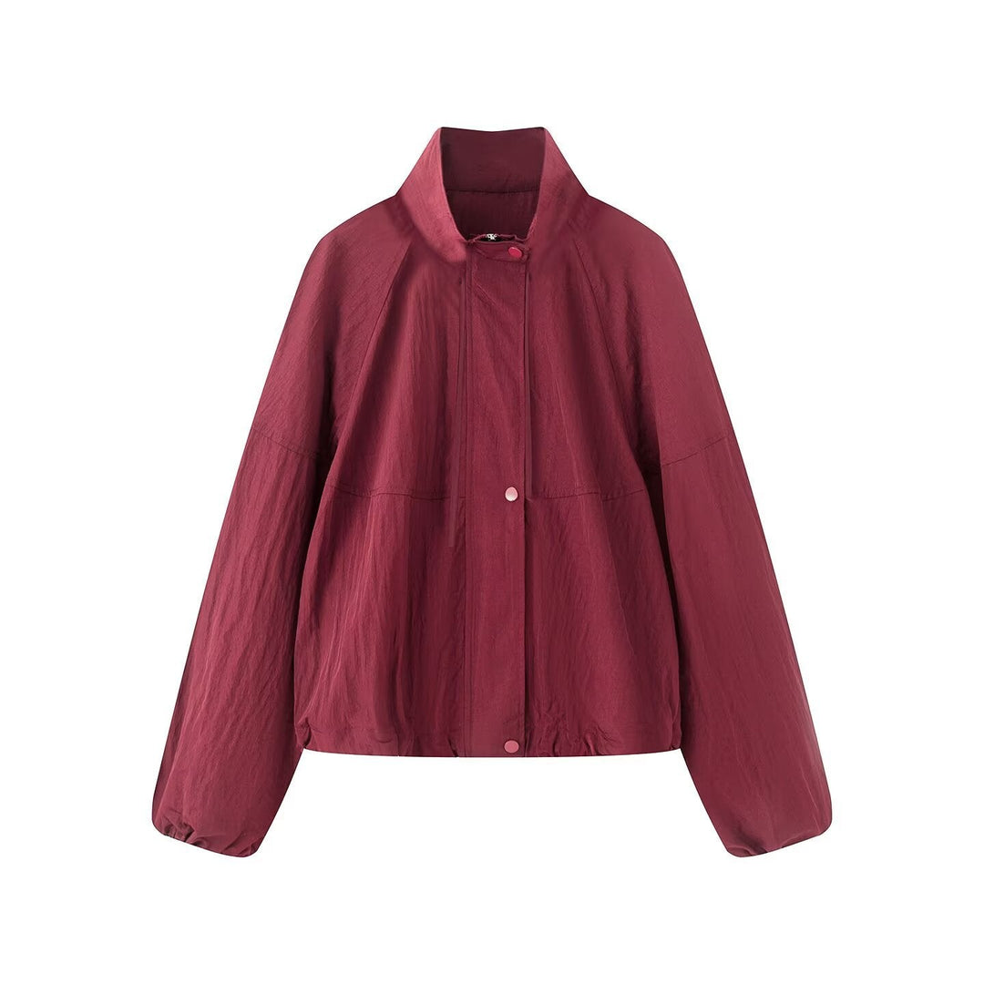 Dam Lätt Oversize Blouson Jacka Tillverkad av Nylon med Stå Krage, Drawstring och Tryckknapp Knapp Stängning