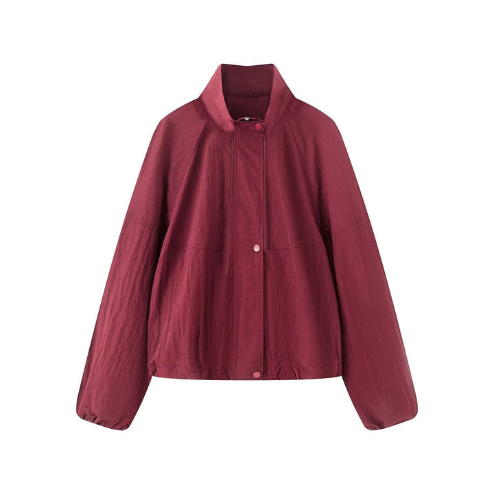 Dam Lätt Oversize Blouson Jacka Tillverkad av Nylon med Stå Krage, Drawstring och Tryckknapp Knapp Stängning