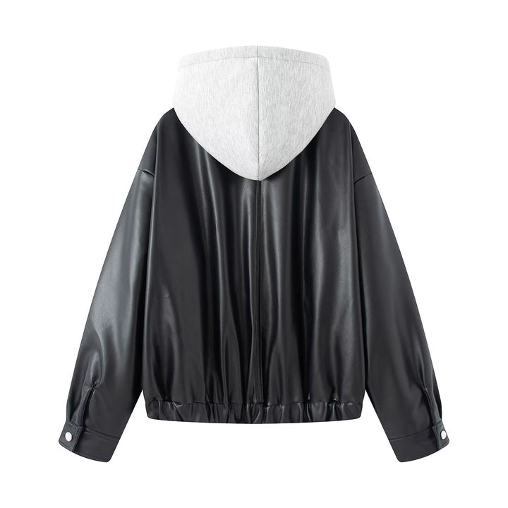 Dam Oversized Konstläder Blouson med Huva Insert och Lockfickor
