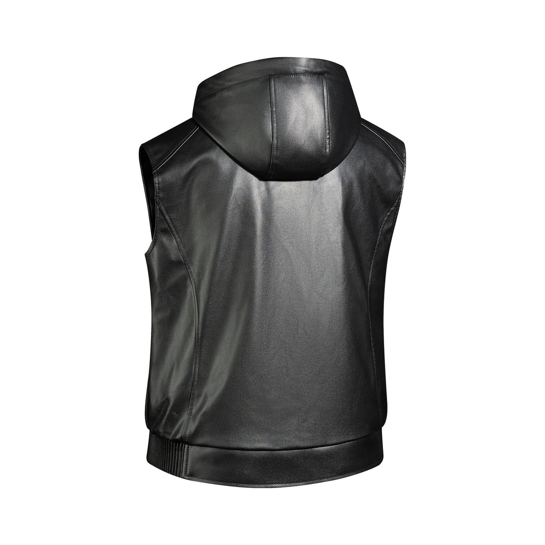 Herr Sleeveless Läder väst med huva quiltad Nappa Look och fickor med dragkedja