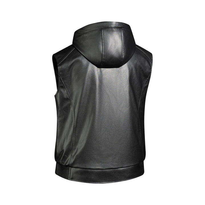 Herr Sleeveless Läder väst med huva quiltad Nappa Look och fickor med dragkedja