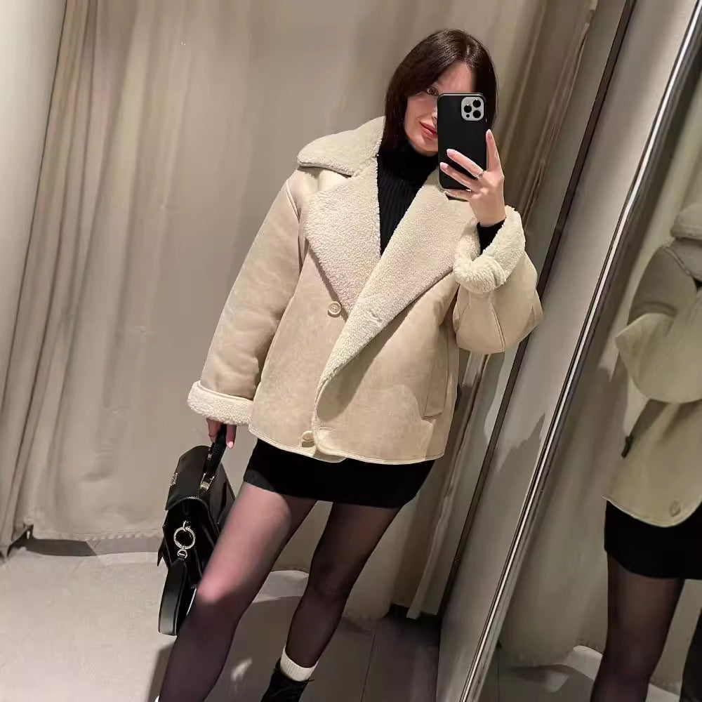 Dam Boxy jacka gjord Faux Shearling med stor teddy krage och sidofickor