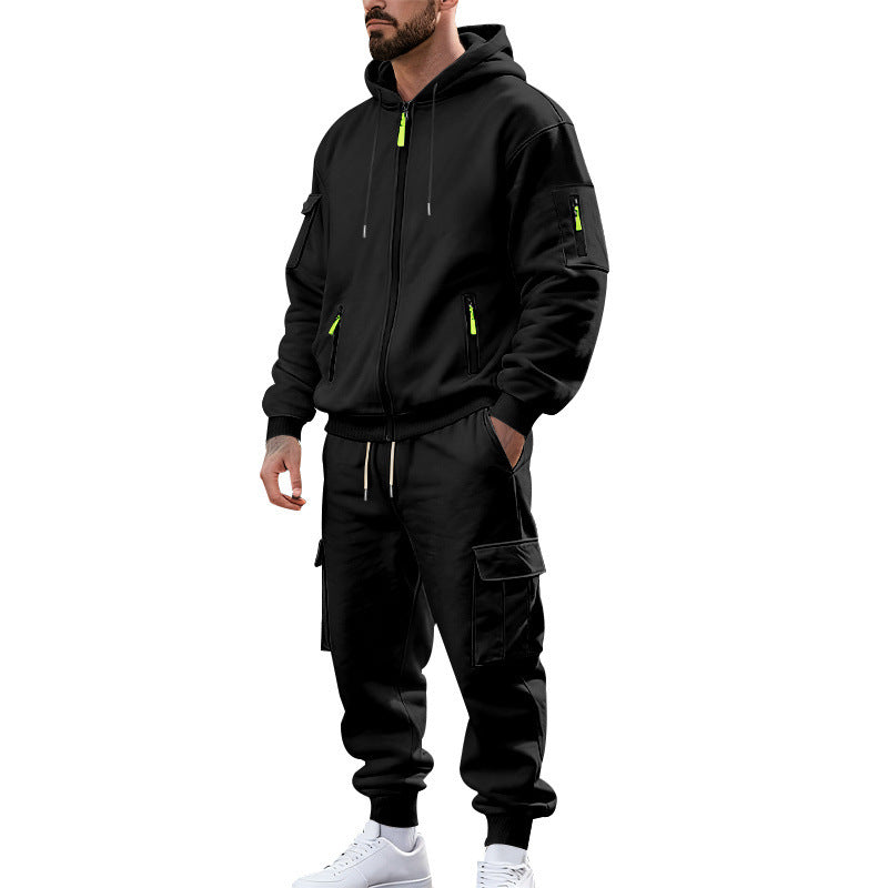Herr Nano Urban Funktionell Cargo Sweat Set med Luvtröja, Zippered Fickor, och Tapered Cargo Jogger