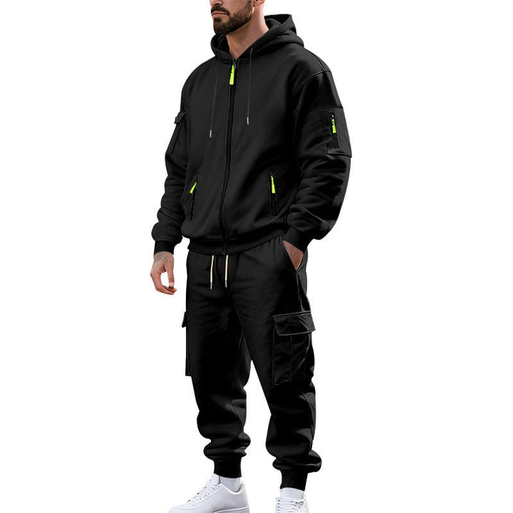Herr Nano Urban Funktionell Cargo Sweat Set med Luvtröja, Zippered Fickor, och Tapered Cargo Jogger