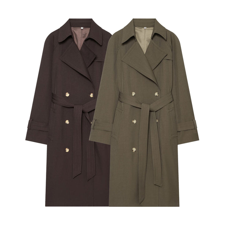 Dam elegant utility trench med bred lapels, bälte tie och påsydda fickor