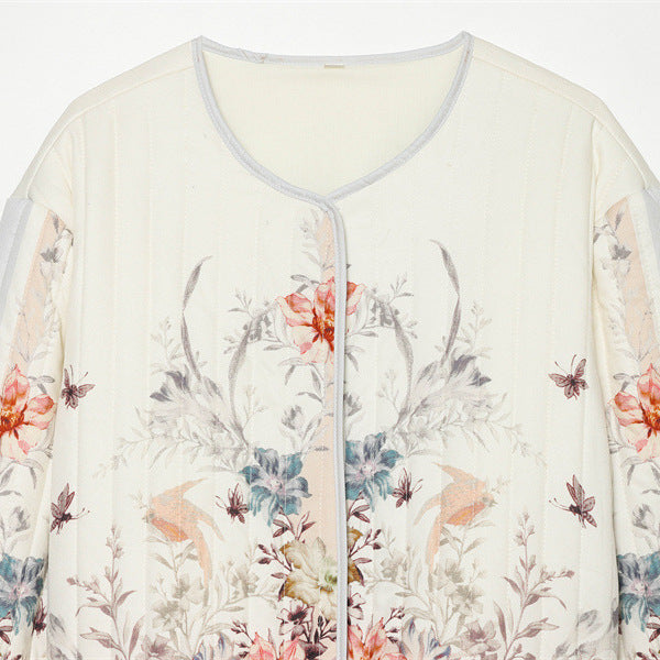 Dam quiltad flower kofta jacka med rund hals, light vaddering och continuous press stud placket