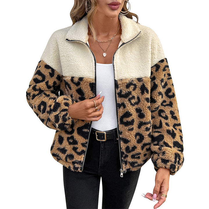 Dam Patterned Teddy Jacka med Leopard Tryck