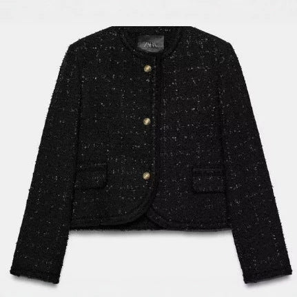 Dam Kort Kort Bouclé Tweed Blazer med Rounded Edges, Golden Dekorativ Knappar och Patch Fickor