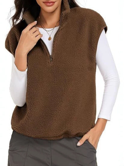 Dam Sleeveless Teddy Fleece Väst med Halv Dragkedja och Ståkrage