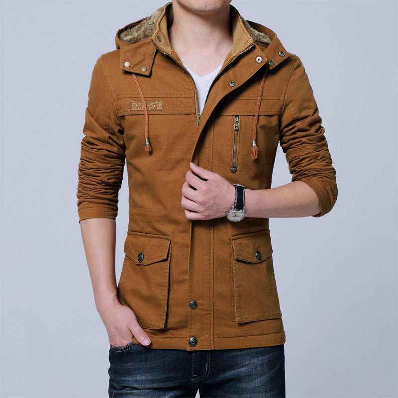 Herr Canvas Parka med Fodrad Huva, Multifunctional Fickor och Dold Dragkedja