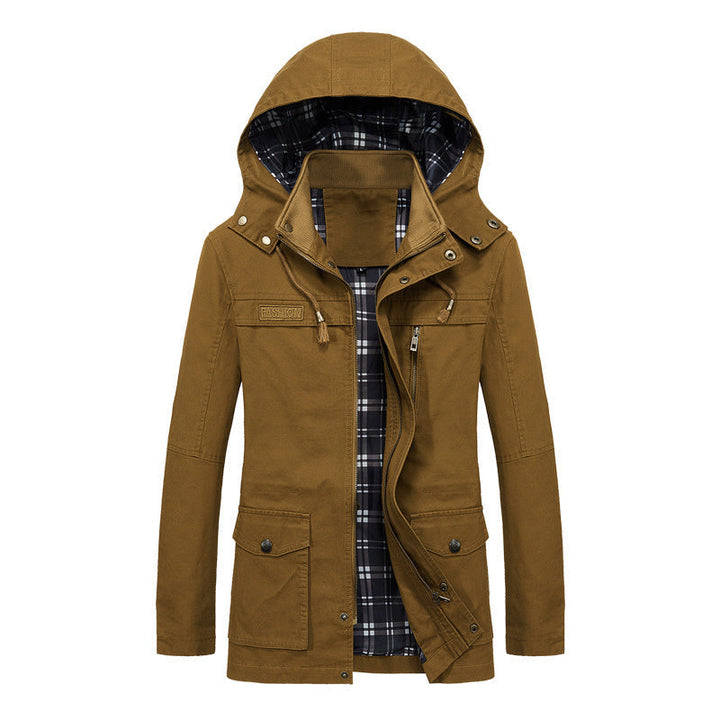 Herr Canvas Fält Parka med Huva, Rutig Foder och Multi-Function Fickor
