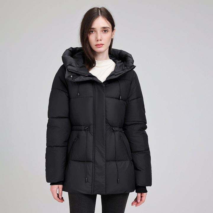 Dam vadderad Mid-Length Parka med huva, Drawstring Waist och dragkedja fickor