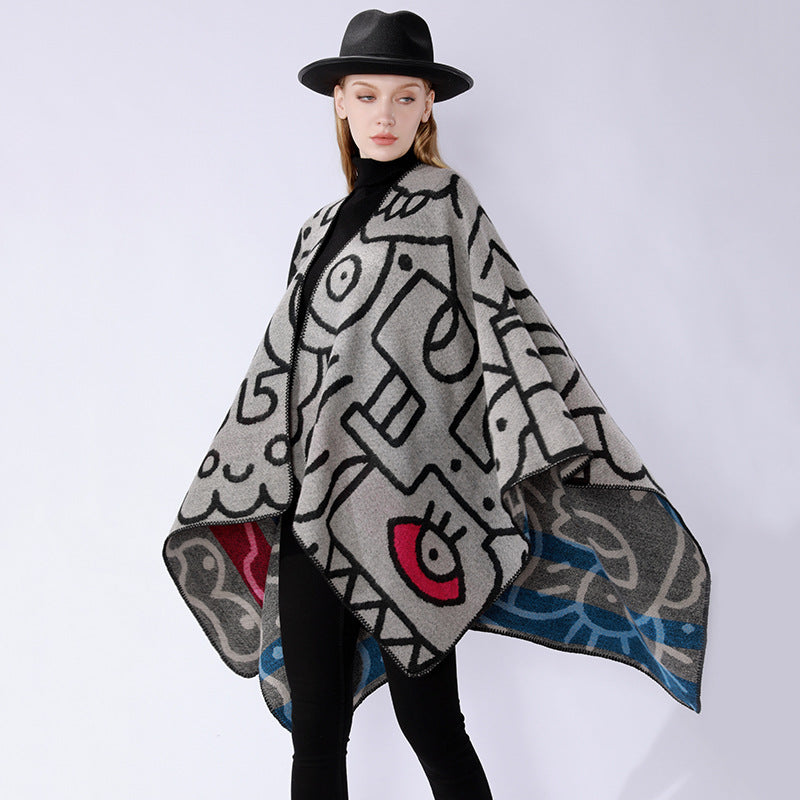 Dam oversized poncho i artistic tryck med two-tone edge processing och asymmetrical pointed fåll