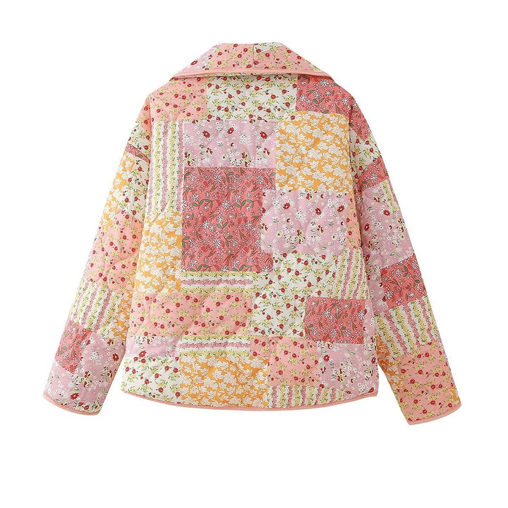 Dam non-quiltad patchwork quilt jacka med lapel krage och påsydda fickor