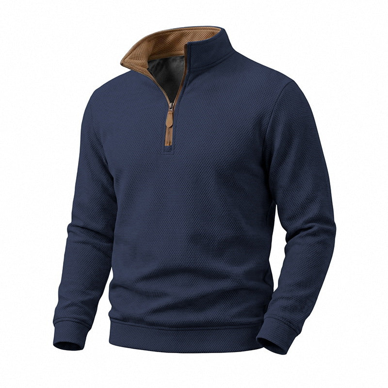 Herr Halv Dragkedja Pullover med Waffle Texture och Contrast Krage