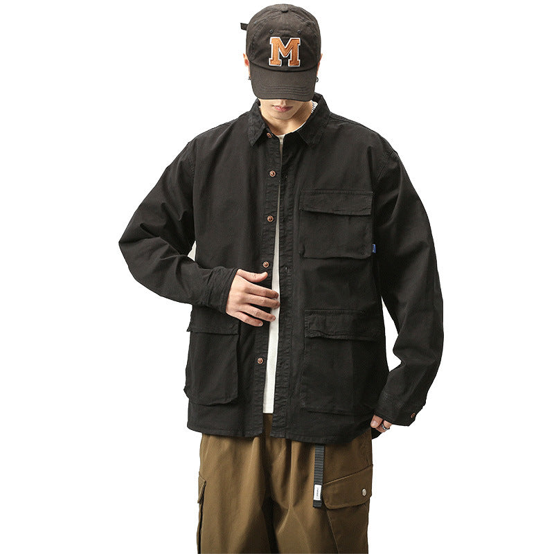 Herr Military-Inspired Fältjacka med Flera Fickor och Lös Passform