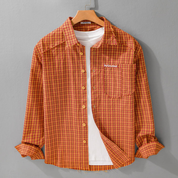 Herr Check Overshirt med Frayed Fåll, Bröstficka, och Avslappnad Passform