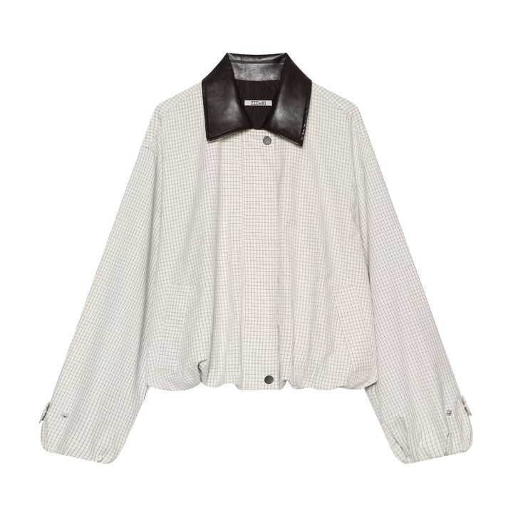 Dam Kort Skärning Checked Blouson med Contrasting Läder Krage