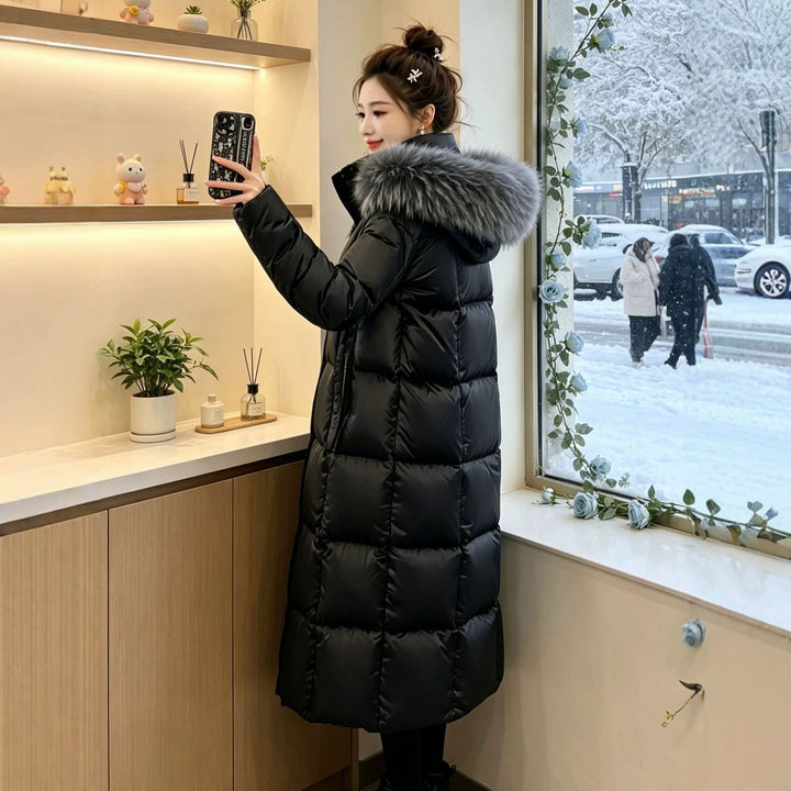 Dam Lång Dunjacka med Faux Fur Krage